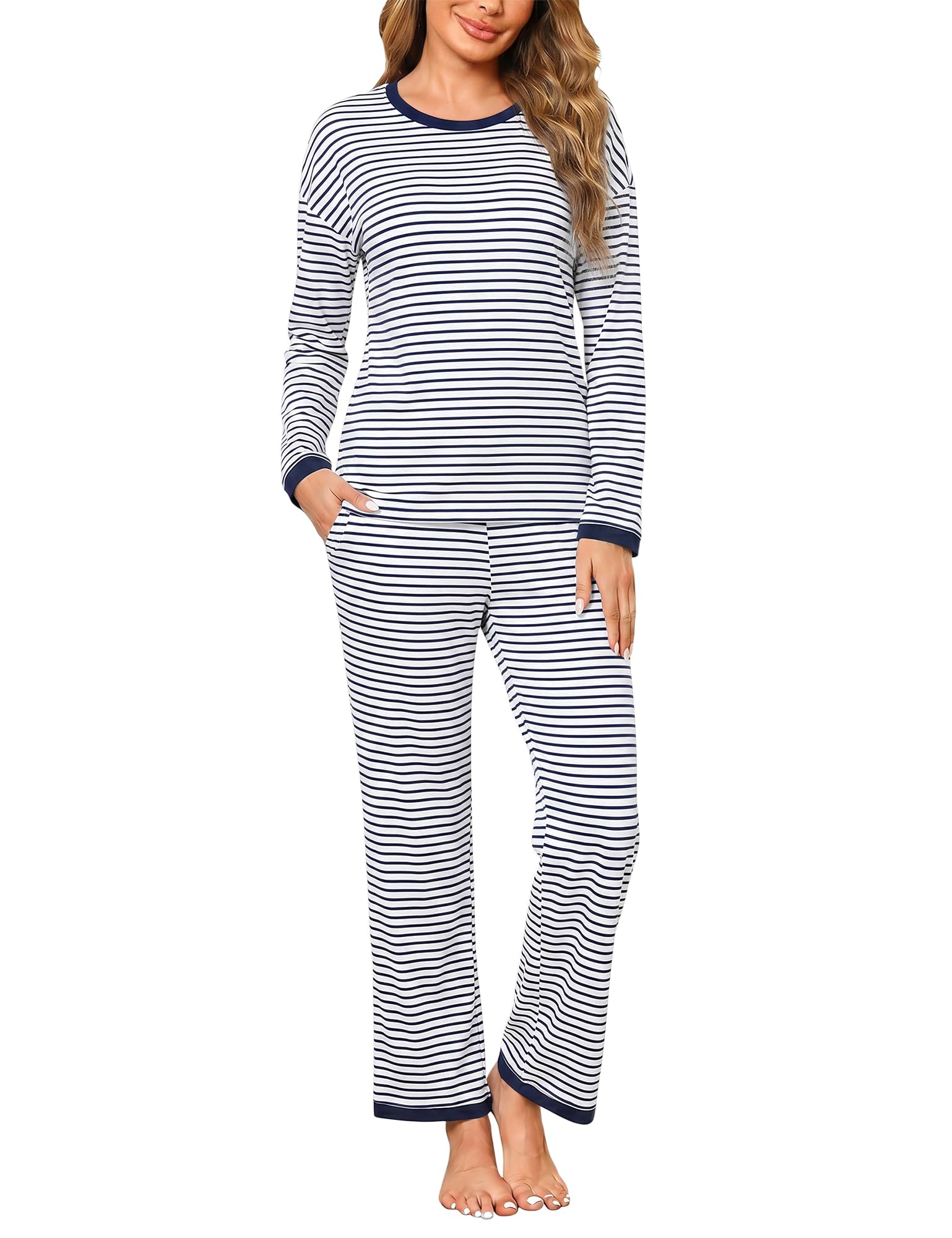 Marvmys Schlafanzug Damen Lang Pyjama Set Zweiteilig Gestreift Homewear mit Taschen Elastischer Bund Hausanzug S-XXL
