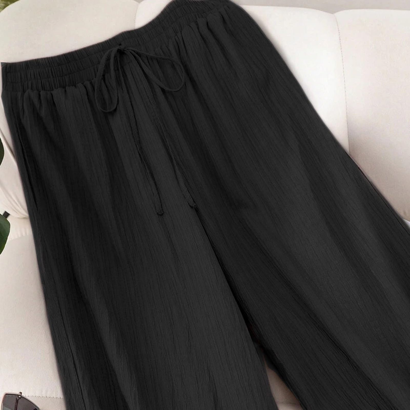 Generisch Pantalon long en mousseline pour femme - Pantalon d'été Palazzo élégant - Léger et aéré - Couleur unie - En coton - Pantalon de plage - Pantalon de loisirs - Élastique - Avec cordon de
