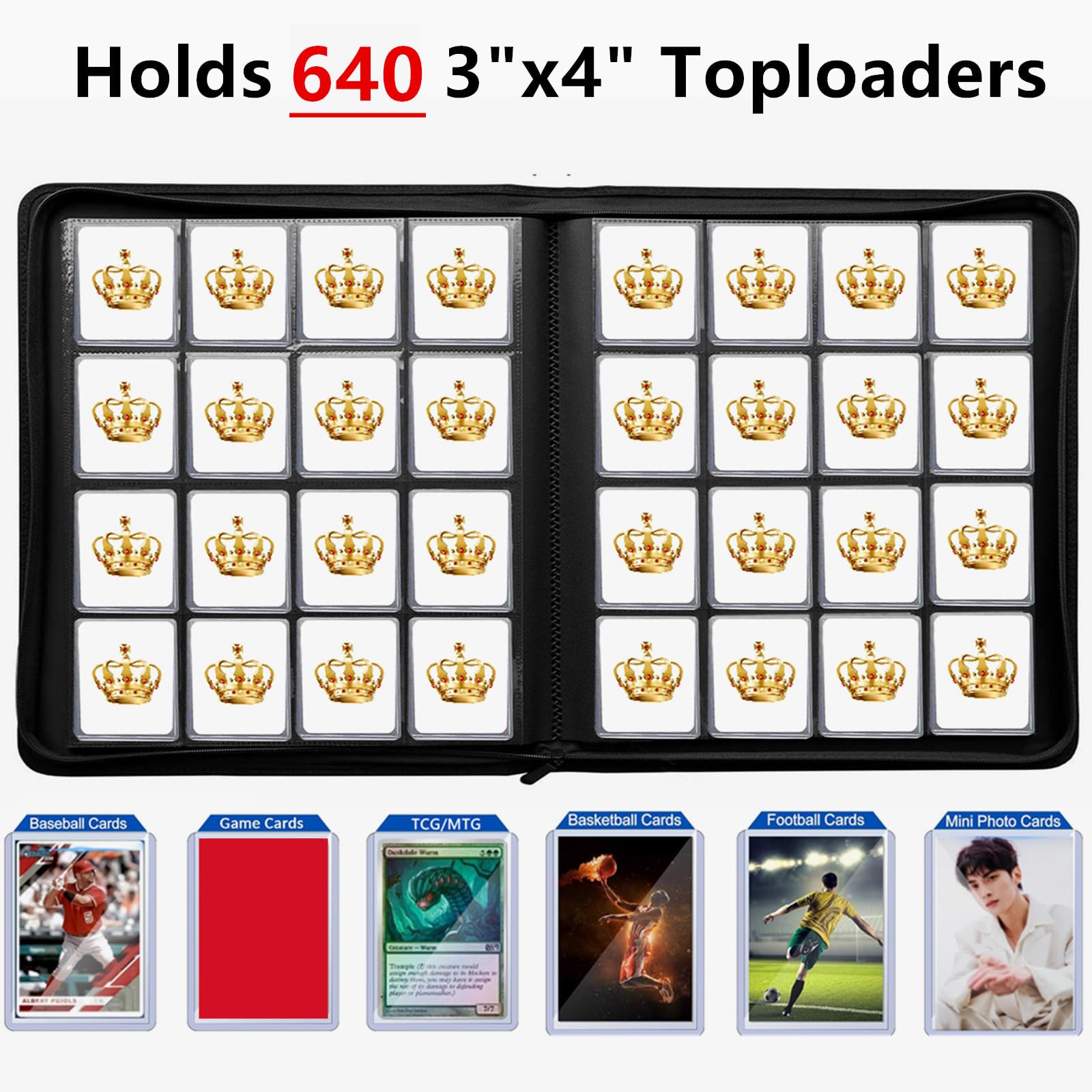 Amazon.com: Premium 16 Pocket Toploader Binder Holds 640 Cards, Ringless  Design Side-Load Toploaders Holder for 3