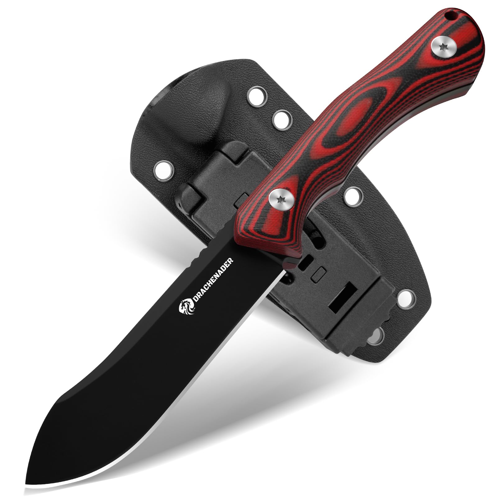 DRACHENADER Cuchillo Supervivencia Red-Rock, Full Tang para Exteriores, Hoja 10, 3 cm de Acer D2, Nessmuk con Funda Kydex