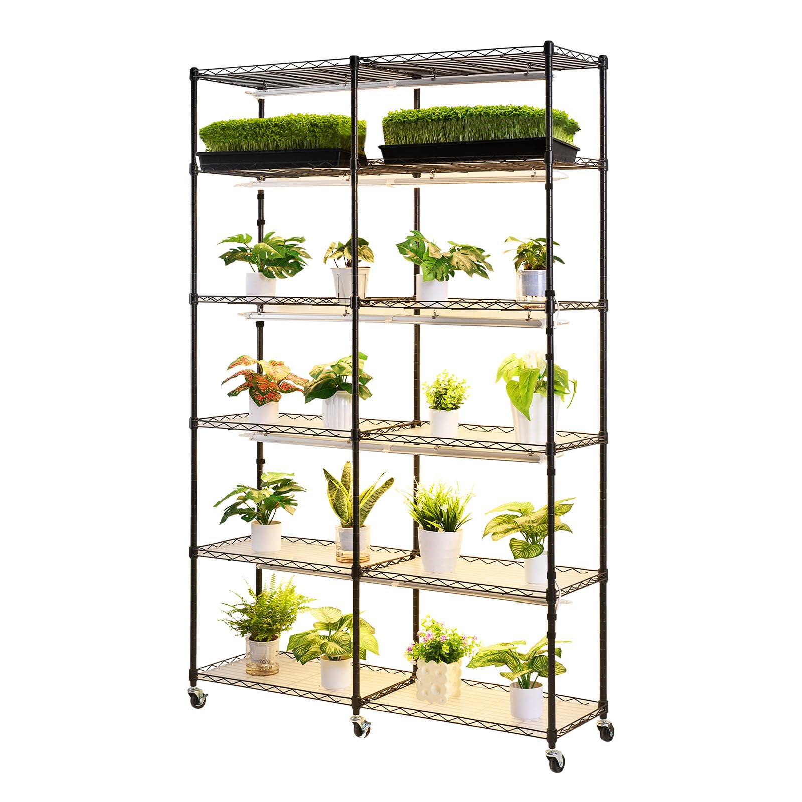 VEVOR Soporte para Plantas con Luz de Cultivo 6 Niveles Doble Fila 180 cm 200 W, Estante para Plantas con Ruedas, Temporizador Mecánico, para Crecimiento de Planta, Macetas, 1200 x 350 x 1800 mm