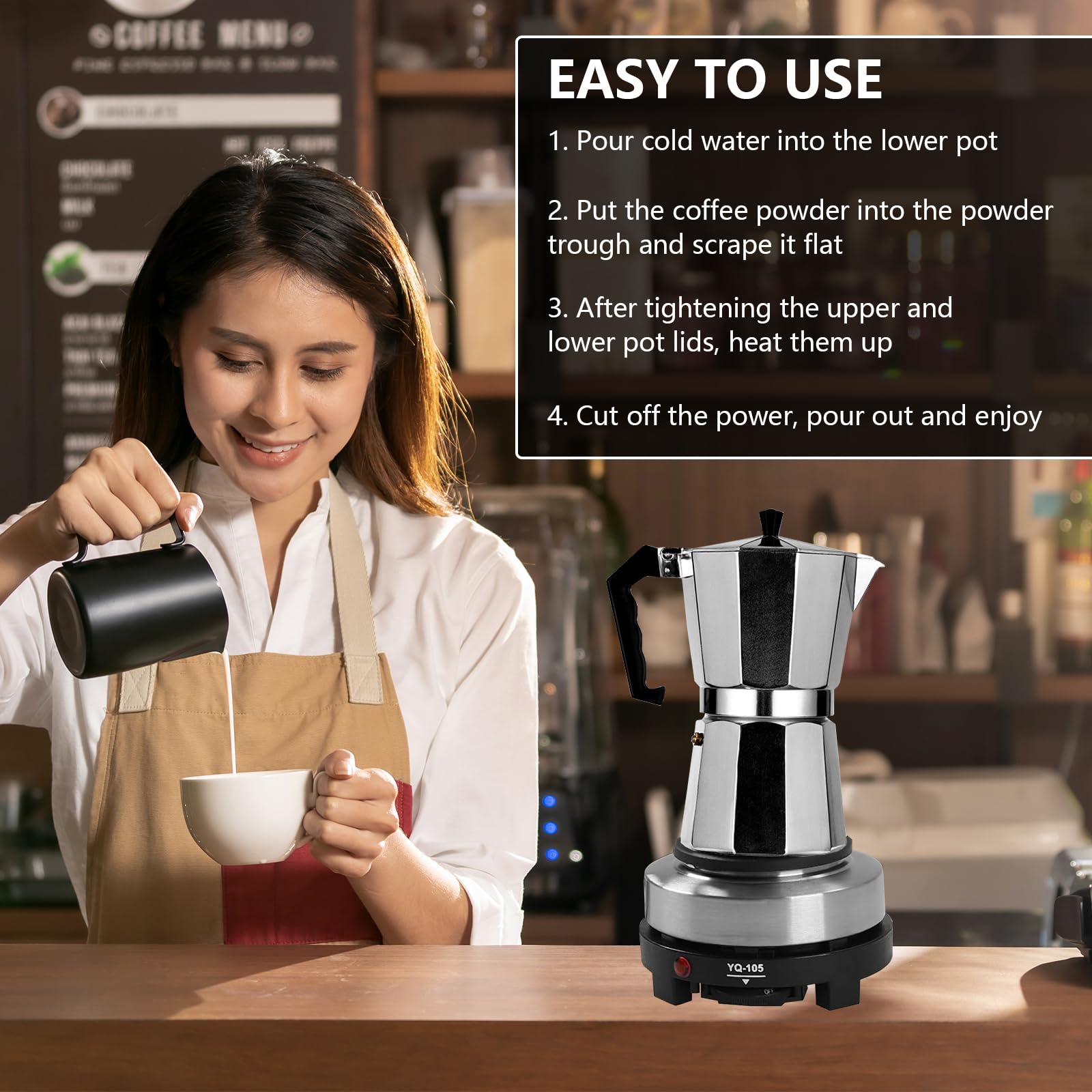 Cafetière Électrique Italienne pour 6 Tasses, 300 ml Cafetière Électrique Italienne d' Expresso avec Mini Plaque Chauffante, Portable Cafetières Moka en Aluminium, Cadeau pour Maison et Voyages