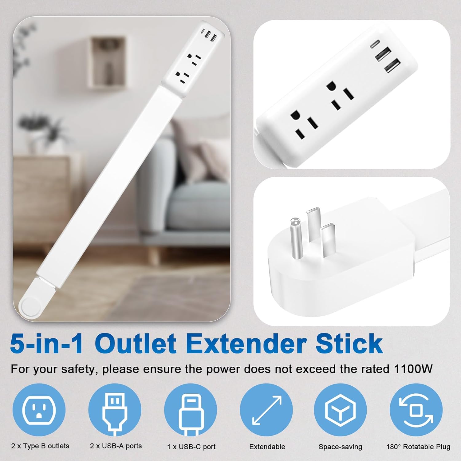 Electrical Outlet Extender Stick 2 Pack with USB-A & USB-C, 2 AC Outlets, Adjustable 22"-34" Plug Extender, 180° Rotating Wall Outlet Extender for Hard-to-Reach Outlets Behind Sofa, Bed, Desk