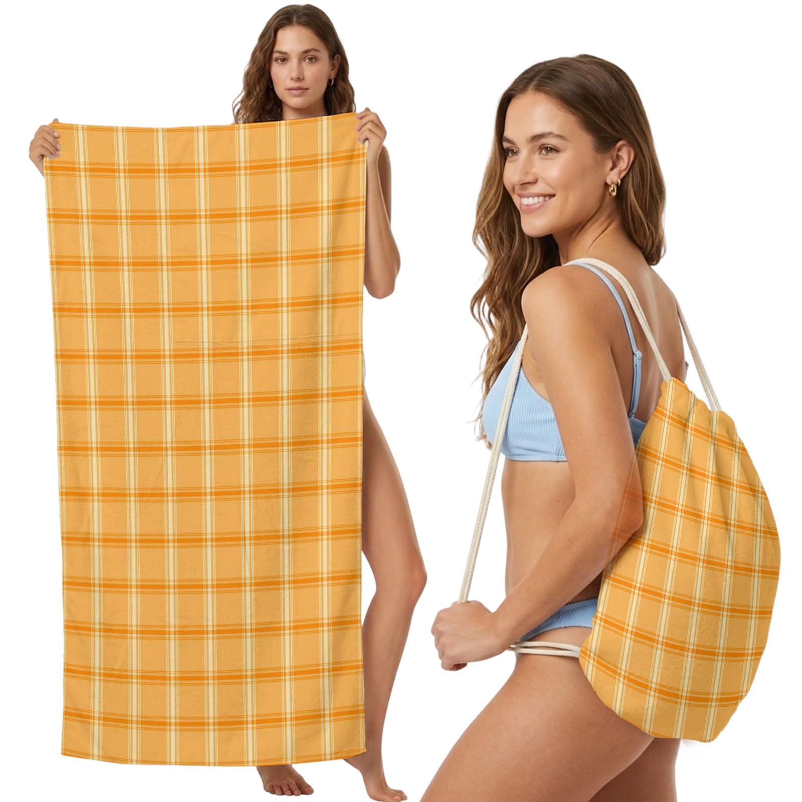 FWJZDSP 2-in-1 Beach Towel Backpack,Thanksgiving Autumn Plaid Bath Towel with Built-in Storage Yellow Check Convertible Foldable Beach Blanket for Travel Pool Gym Camping Swim,31x63in