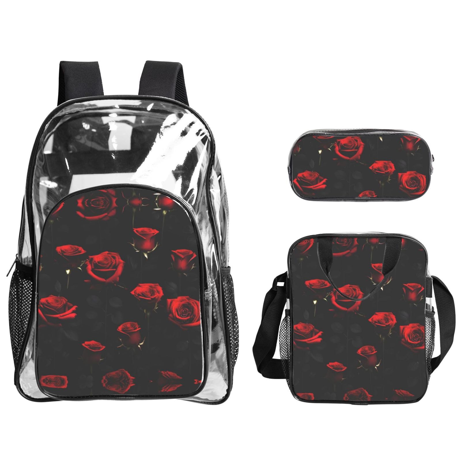 Rucksack-Set mit vielen roten Rosen und schwarzem Hintergrund, 3-in-1, transparente Tasche, Set für Schule, Arbeit, Stadion, Veranstaltungen und den täglichen Gebrauch