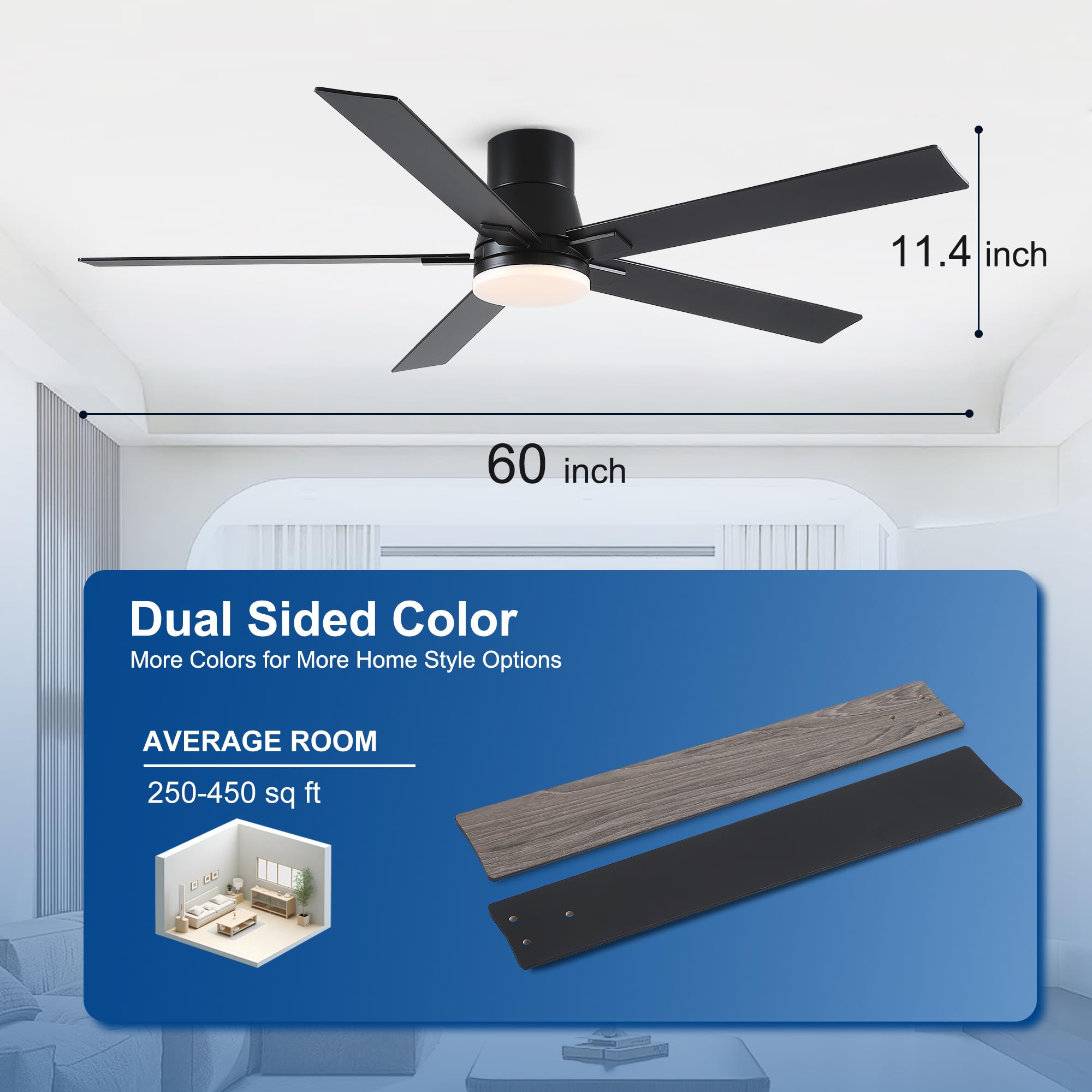Ventiladores de techo de 60 pulgadas con luces y control remoto, ventilador de techo negro de montaje empotrado con 5 cuchillas, motor CC reversible de 6 velocidades, LED regulable 3CCT, diseño de 7
