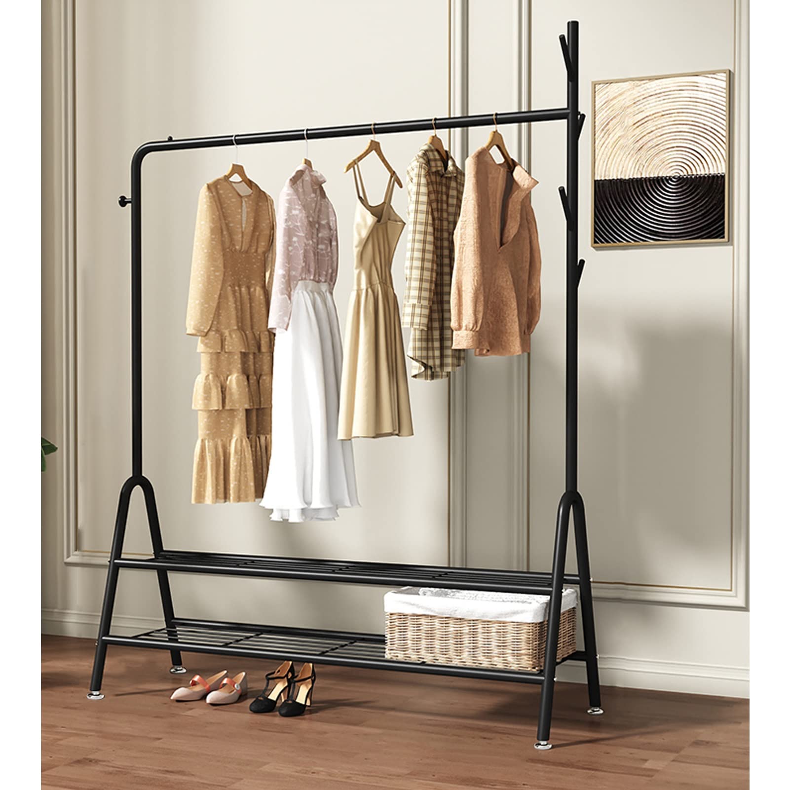 YNBSHGAA Metal Hall Tree with Hoo Multi-functal Coat Rack Freestanding Garment Hanr with 2-Tier Sto Shelves for Bedroom and Entryway nizat,Black-120cm