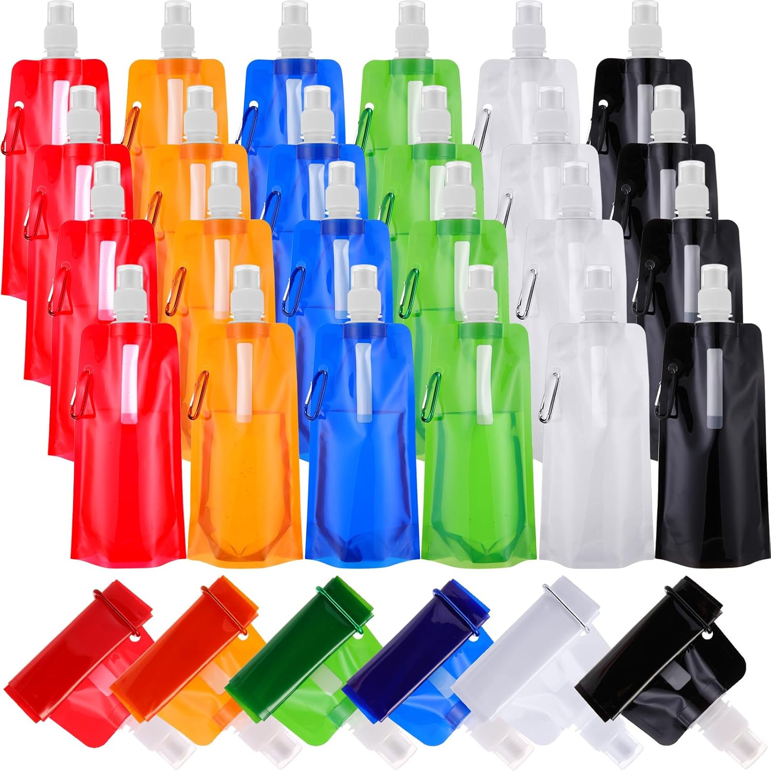Teenyyou 24pack Collapsible Water Bottles Bulk 16oz Foldable Water Bottles with Carabiner Reusable Drinking Leak Proof Container Bags for Sport Biking Hiking Camping Travel Outdoor (Blue)