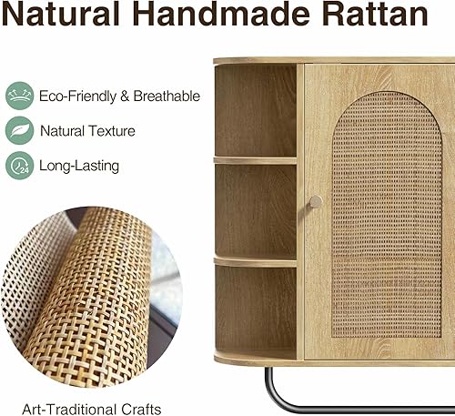 Miniatura 5 de Armario de pared de baño de ratán con toallero, gabinete de medicina montado en la pared con puerta arqueada y estantes ajustables, organizador de