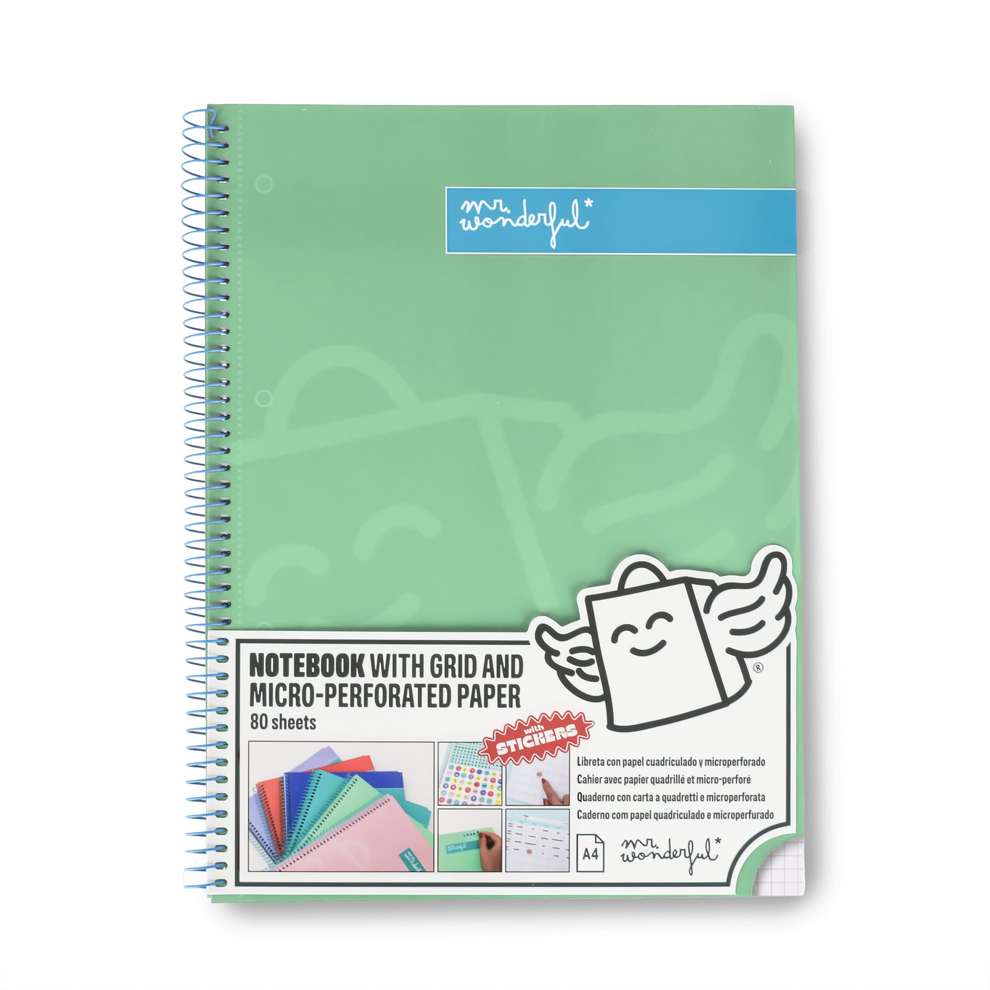 Mr. Wonderful A4 Notebook Green Squared Micro Perforated 80 Pages Extra Wide Cover Spiral Bound with Stickers