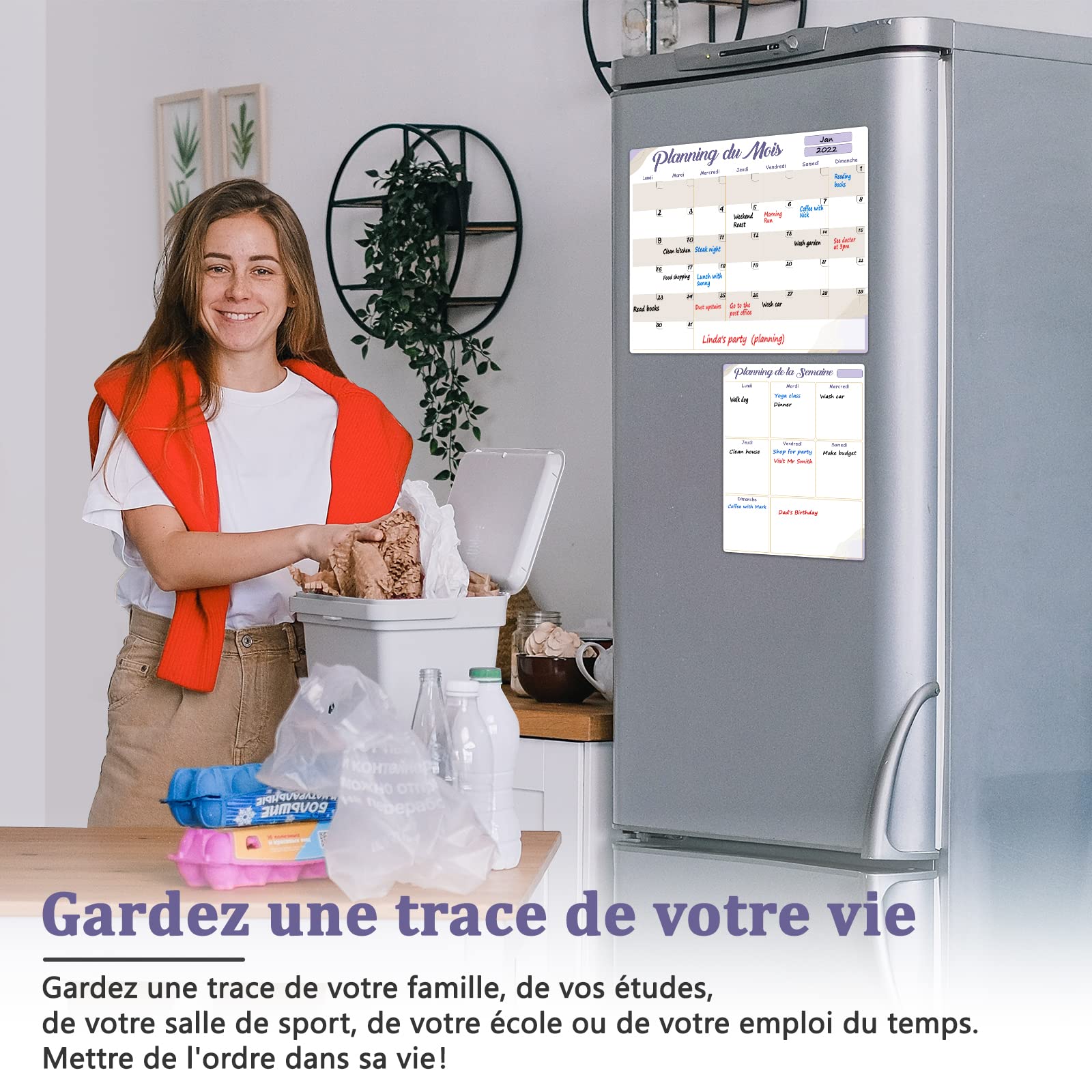Tableaux Blancs Calendrier Effaçable à Sec Lot de 2 – Mensuel + Semainier avec 4 Marqueurs – Adhésif Non Magnétique pour Réfrigérateur Inox, Mur, Verre, Bois