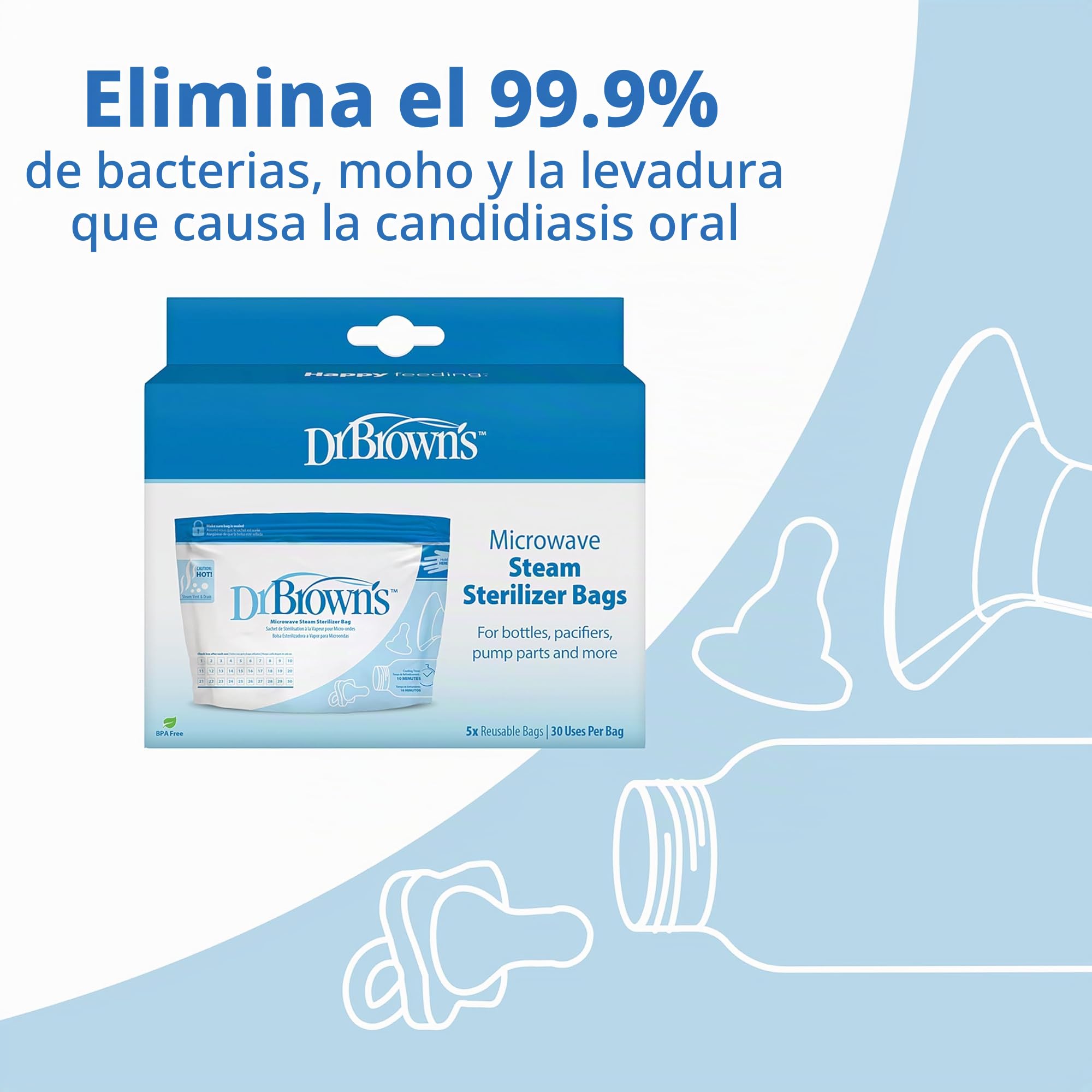 Dr. Brown’s Bolsas para Esterilizar a Vapor para Microondas – 5 Bolsitas Esterilizadoras Reutilizables para Biberones y sus Componentes, Chupetes y Otros Accesorios – Sin BPA