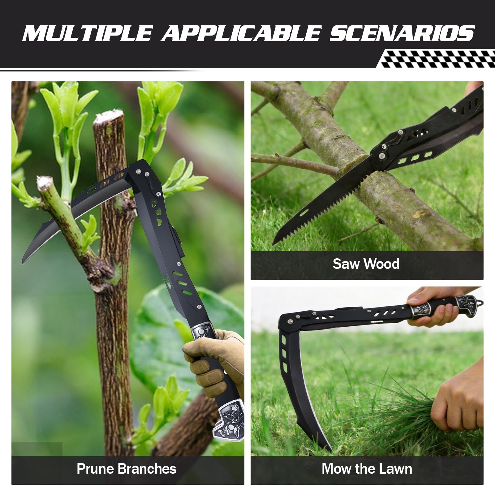 2 en 1 Hoz Plegable con Sierra Plegable,Mango de Madera y Cuchilla Afilada,con Bolsa de Organizador,para Poda, Jardinería, Madera,Campamento al Aire Libre,Exploración (Hoz con Sierra)