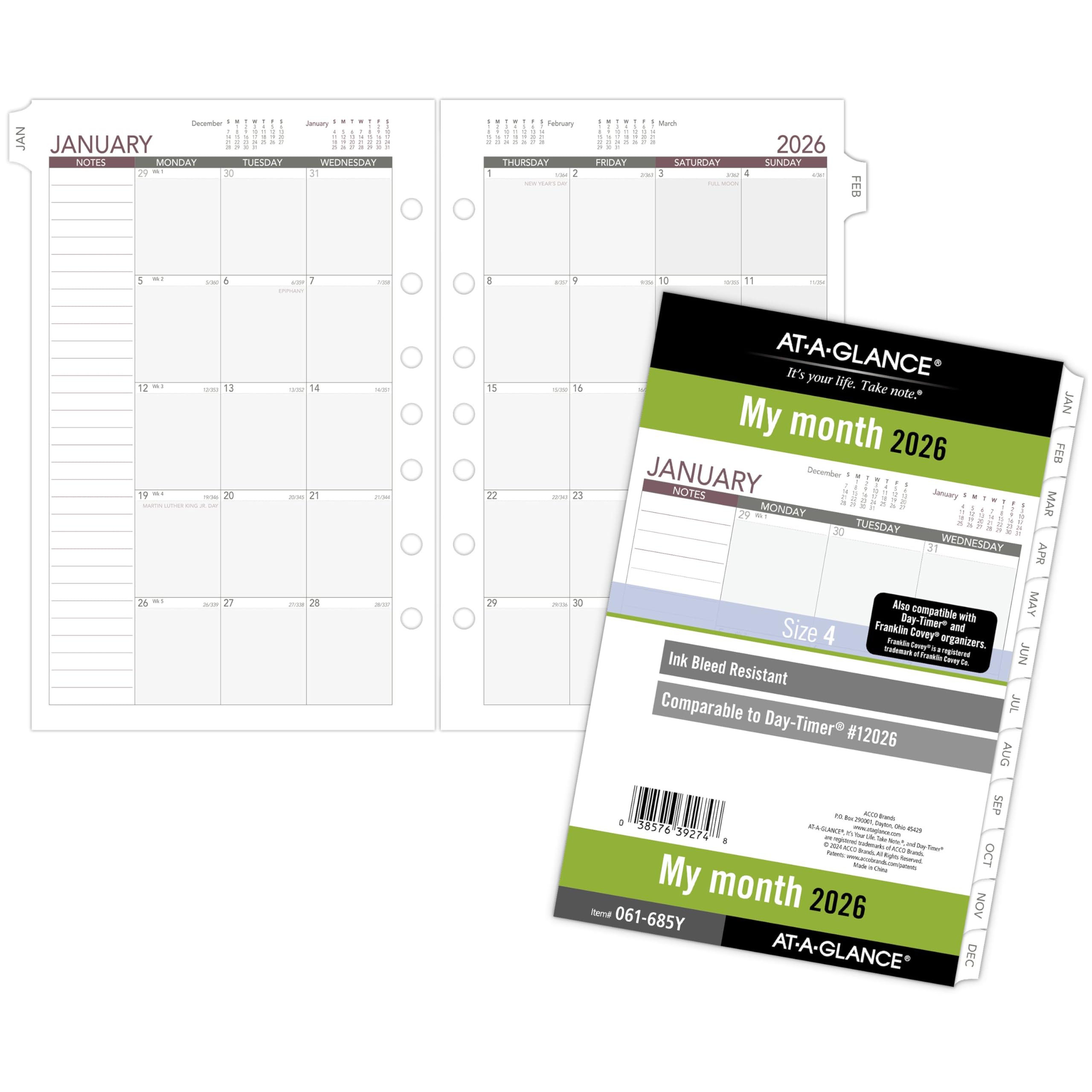 AT-A-GLANCE 061-685Y-26 Planer-Nachfüllpackung, monatlich, 14 x 21,6 cm, Schreibtischgröße 4, lose Blätter, unlinierte Blöcke