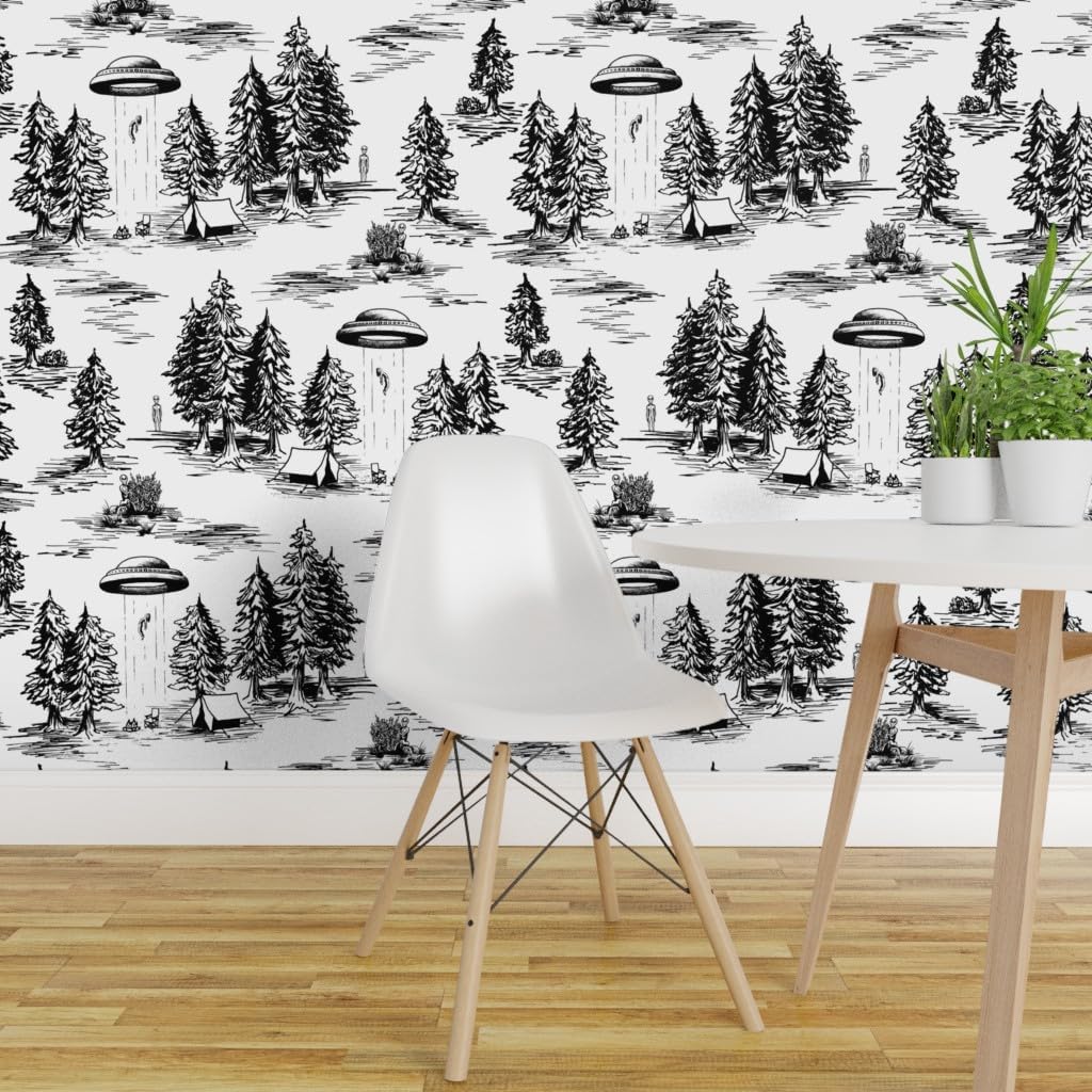 Spoonflower Removable Wallpaper 9ft x 2ft - UFO Whimsical Large Scale Black and White Space Alien Abduction Custom Pre-Pasted Wallpaper