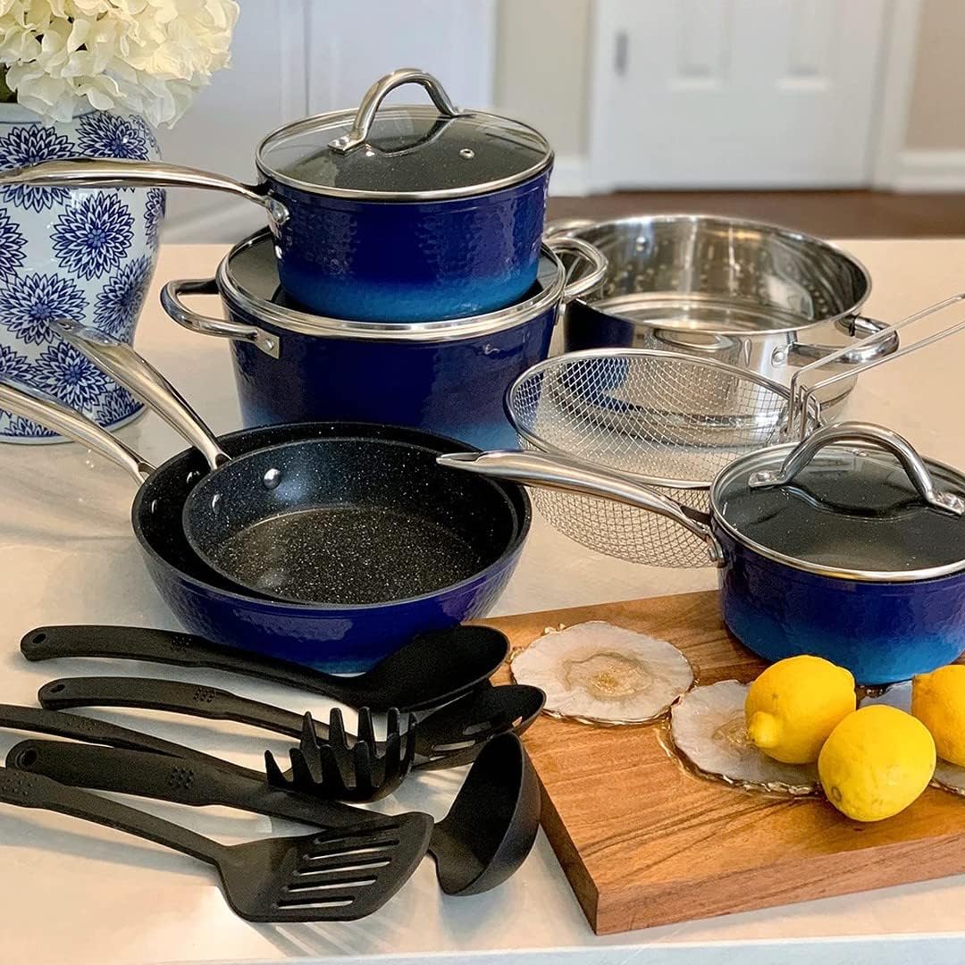 MAISON ARTS Kitchen Cookware Sets - 15 Piece Nonstick Pots and Pans Sets with Granite Hammered for Induction & Dishwasher Safe, Oven, Stovetop, Blue