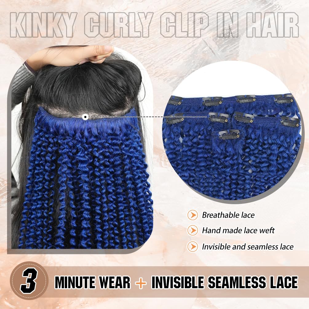 4Pcs Colored Afro Kinky Curly Clip in Hair Extensions Real Human Hair, 12 Inch 60g Blue, Lace Invisible Seamless & Thicken, 4B 4C Remy Clip Ins for Women