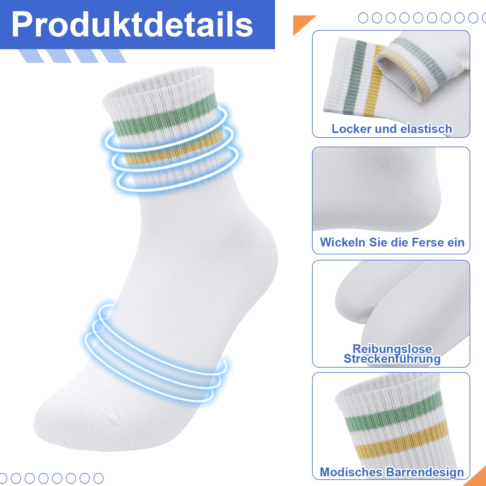 Utensilsto 6 Paires de Chaussettes de Sport en Coton à Rayures - Pour Garçons et Filles 35-38 - Tennis