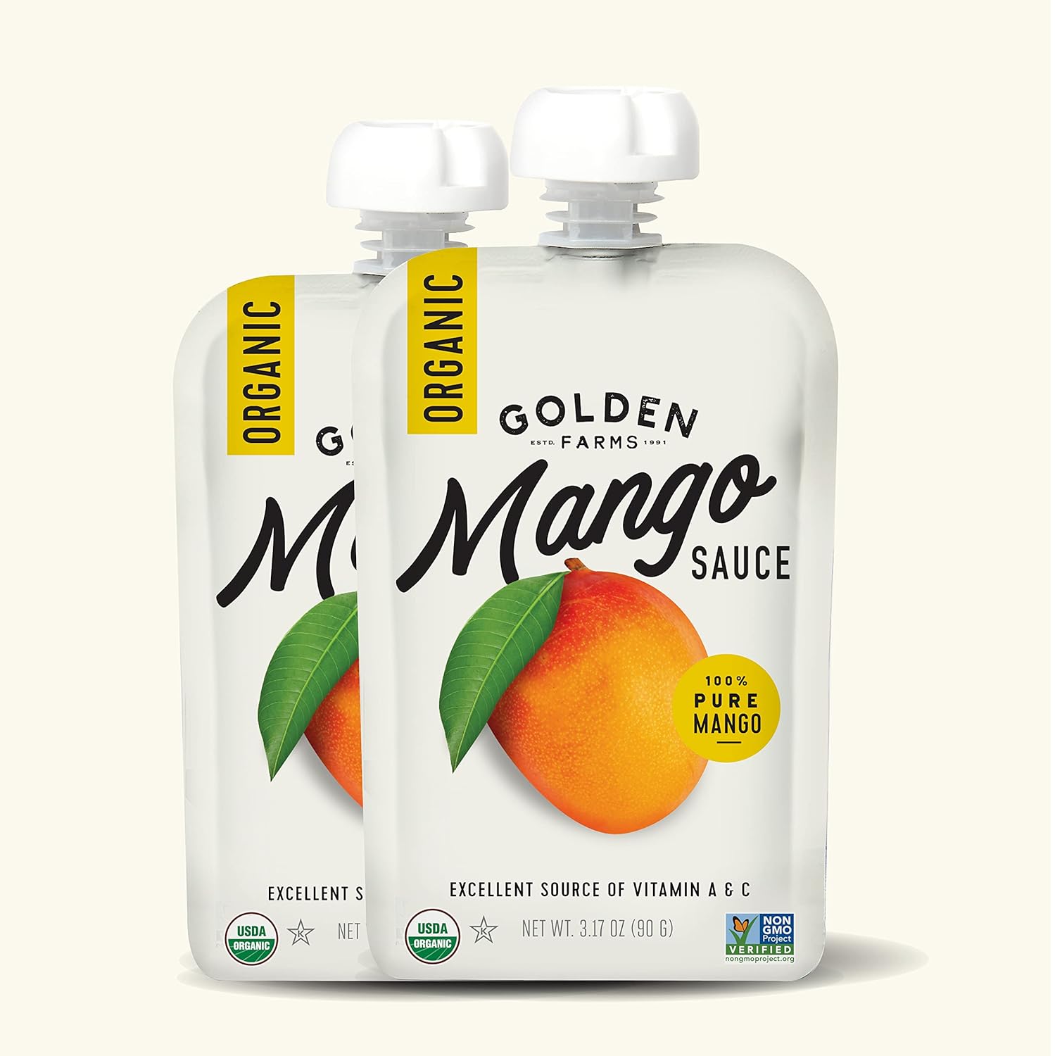Golden Farms Mango Pouches, Single Ingredient Healthy Snacks, 100% Pure Fruit, No Added Sugar, Vegan, Gluten-Free, Kosher, Organic Squeeze Pouch 3.17oz Each (12 Pack)