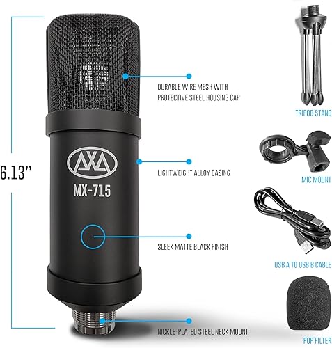 Miniatura 2 de AxcessAbles - Micrófono vocal de condensador USB con un cable de 5.5 pies, soporte de micrófono de escritorio y filtro pop  Micrófono para cantar,