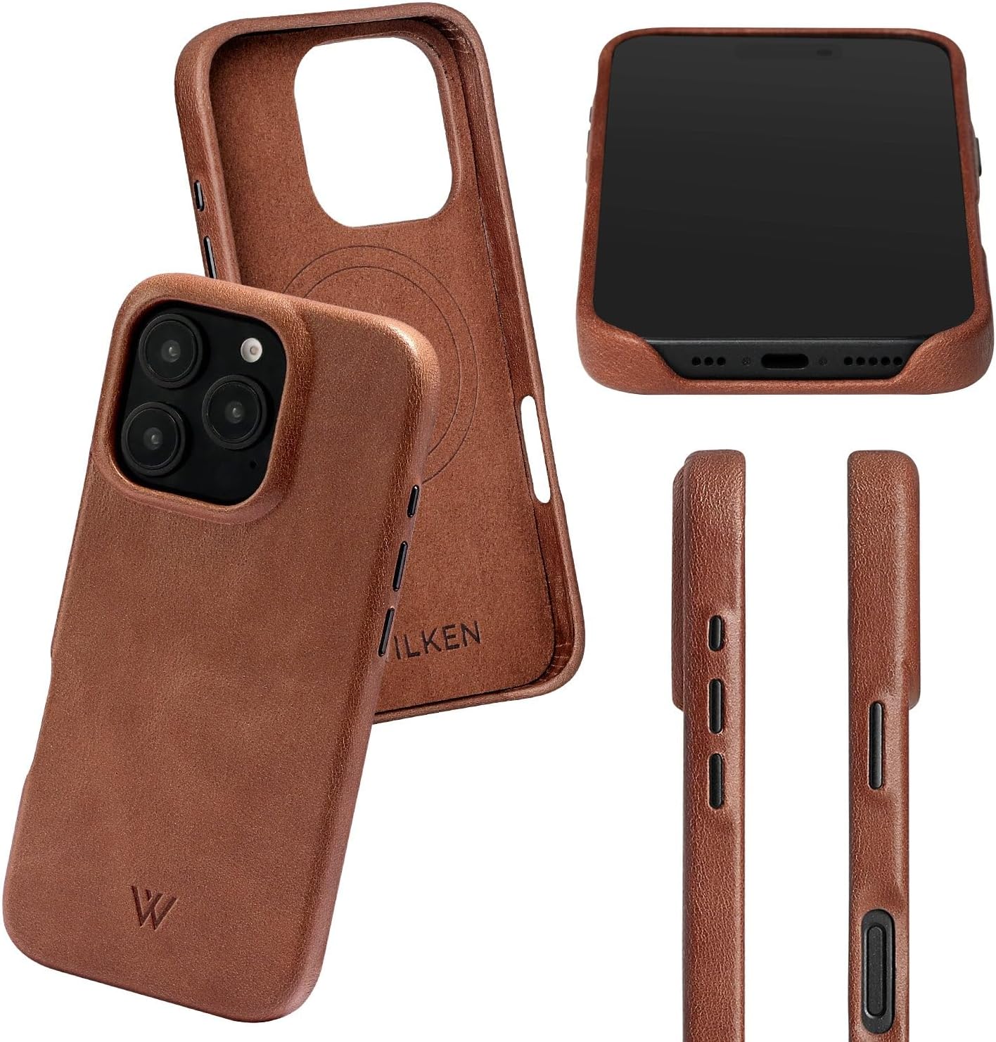 Wilken Leather Slim Phone Case Compatible with iPhone 16 Pro | Compatible with MagSafe & Wireless Charging | Premium Top-Grain Leather Cover with Metal Buttons (16 Pro, Brown) - Image 4