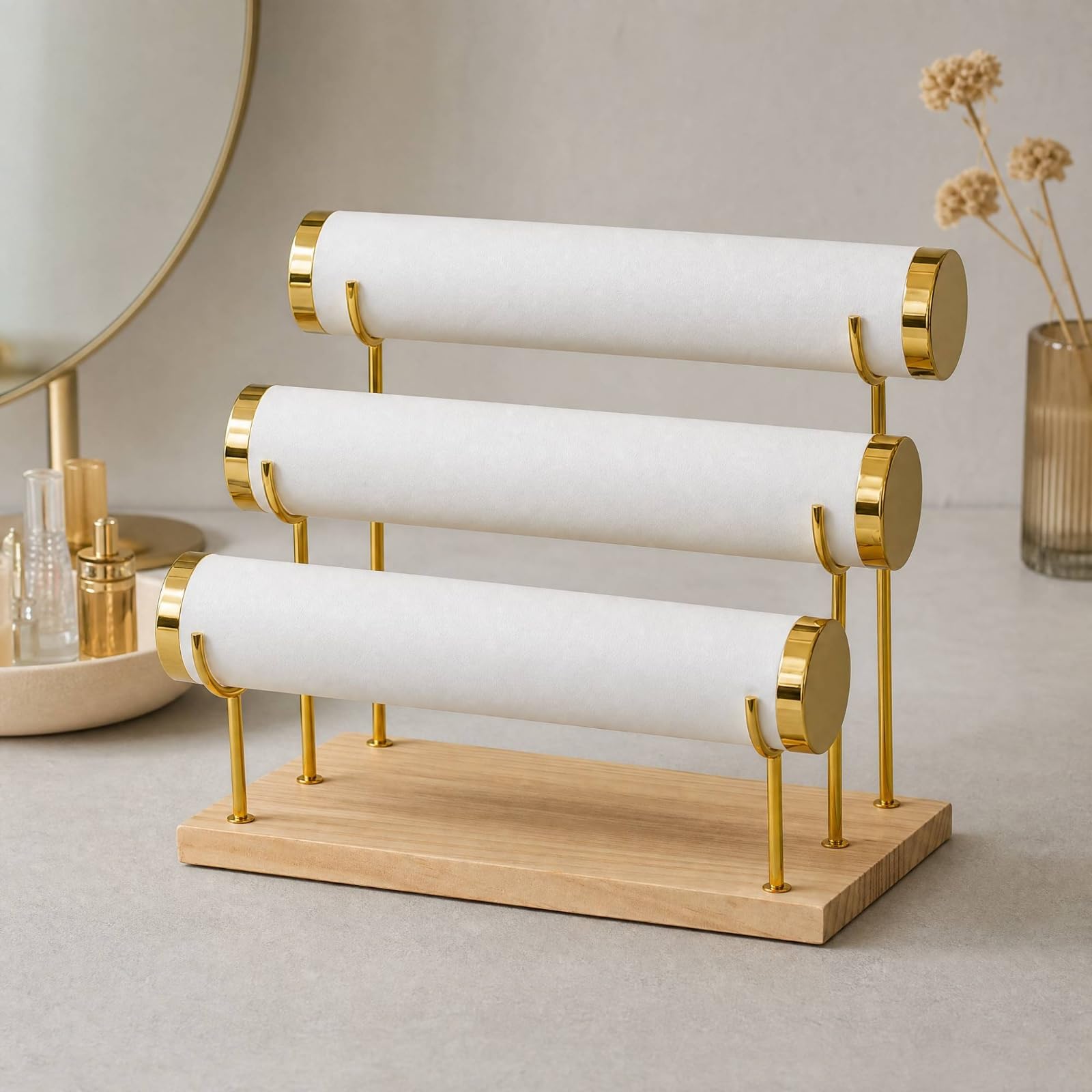 Expositor Triple Niveles para Pulseras sin Nudos Rack Pulseras con Base Compacto Joyero para Tocador, PU