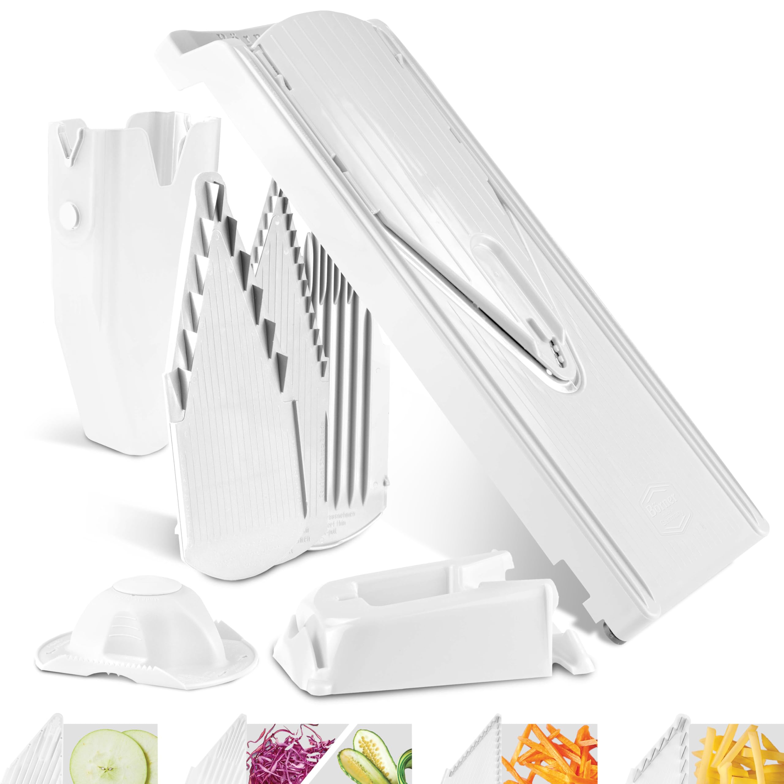 Börner Cortador de Verduras V3 (Set Profesional) • Mandolina en V multifuncional para cortar en Rodajas, Juliana y Cubos • Cortadora Ajustable • Cuchilla de Acero Inoxidable • Color: Blanco