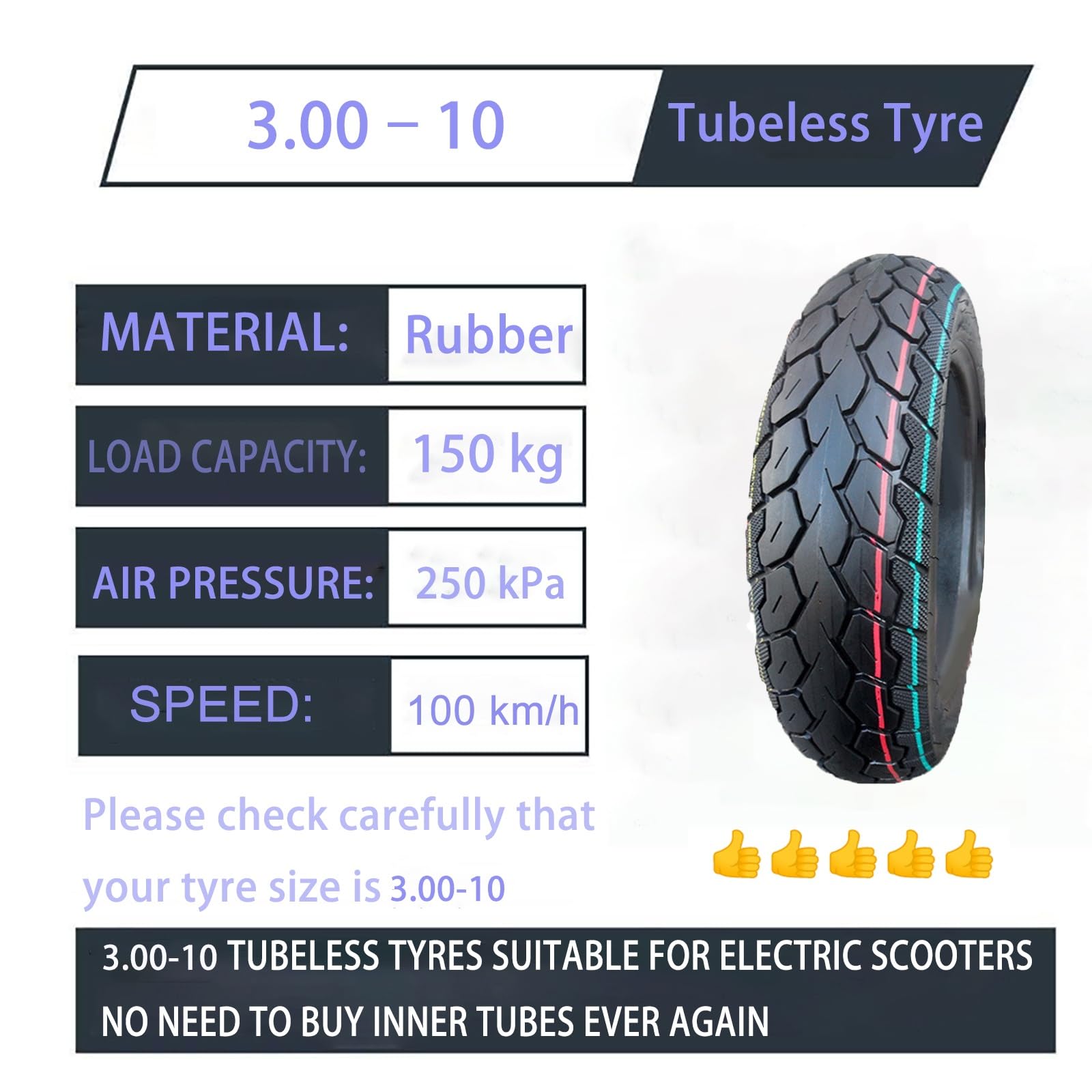 10 Pollici Pneumatico per Monopattino Elettrico, 3.00-10 Tubeless Alle Forature e Robusto, 3.00 10 Pressione Massima 250 kPa, Carico 150 kg, 3.00x10 Adatto per Monopattini Elettrici, E-Bike
