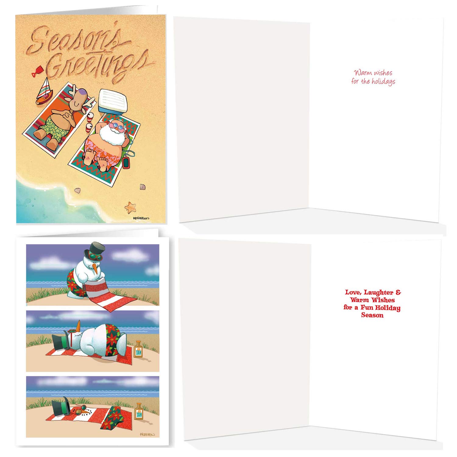 Beach Christmas Cards With Santa - 18 Tropical Holiday Greeting Cards & Envelopes