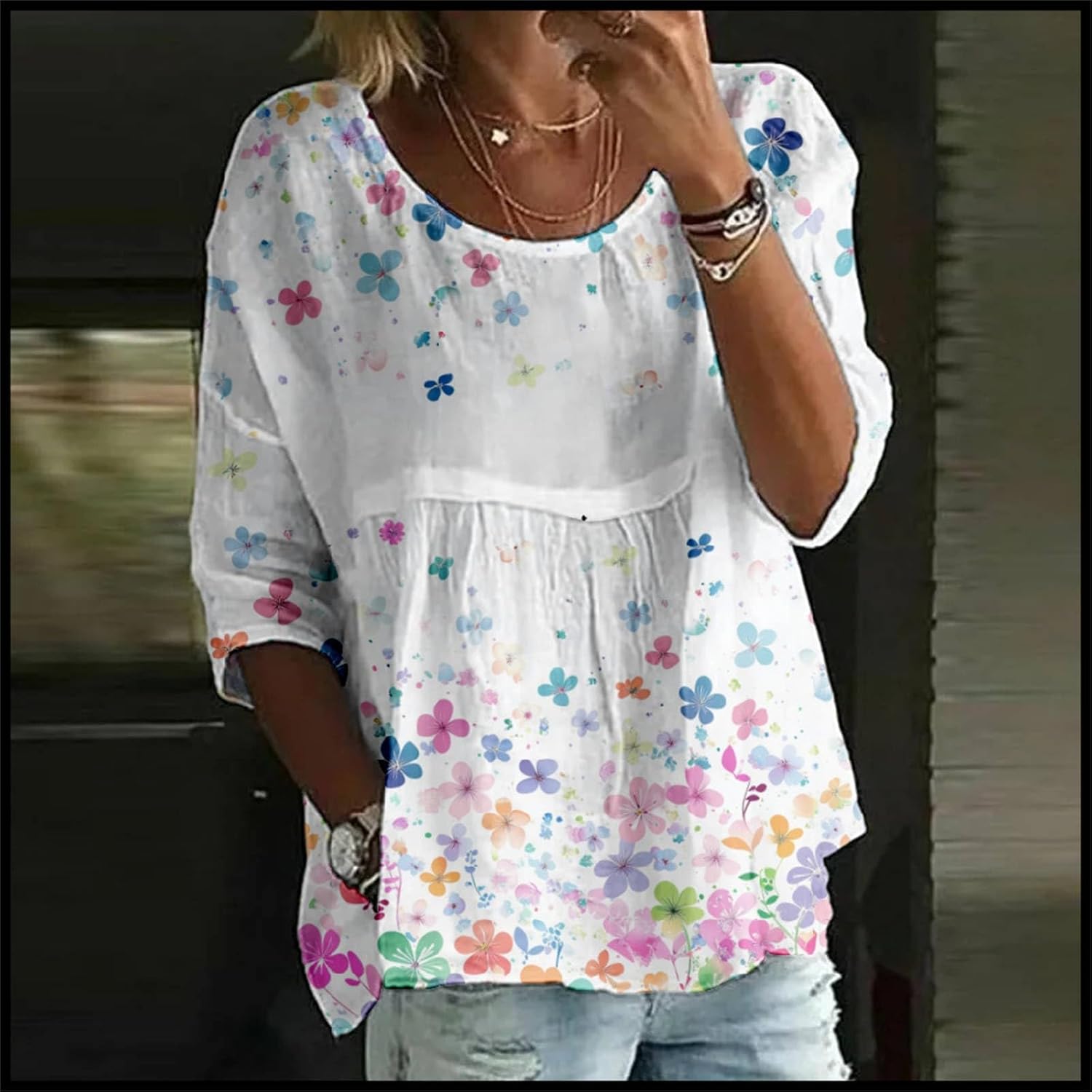 Boho Floral Tops Summer Peasant Blouses for Women Retro Casual 3/4 Sleeve Gauze Cotton Shirts Cute Loose Fit Tunics - Image 2