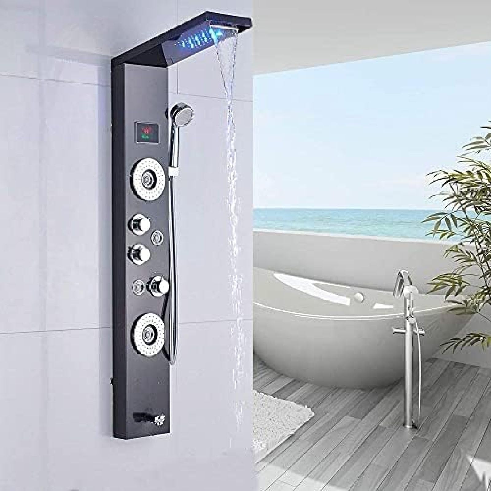 Shower Kits, LED Shower Panel 5 Function with Water Temperature Display Shower Set with Waterfall Rainfall Shower Head Hand Shower and Body Massage Nozzle