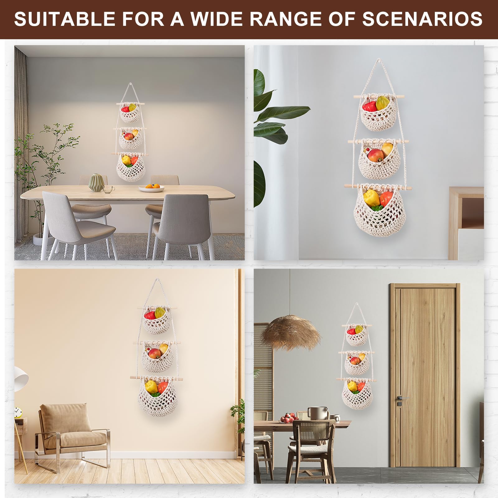 Cesto di Frutta da Appendere,Cestino da parete in corda di cotone intrecciata a mano a 3 strati,Cesto di Frutta Verdura Boho da Appendere,Appendino per Porta Cesto Decorativo per Cucina (Bianco)