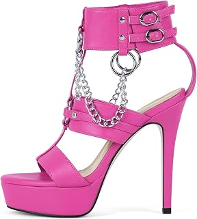 Ankle Strap Stiletto Heel Strappy Sandals with Chains and Grommets T-strap Studded Rivets Platform Sandals