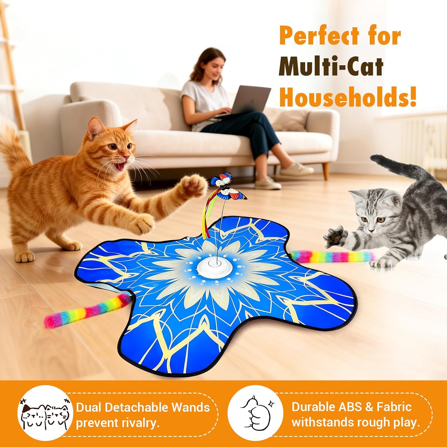 Interactive Cat Toys for Indoor Cats, 3-in-1 Hide and Seek Cat Toy with Fluttering Butterfly & Moving Concealed Feathers, 3 Prey Sounds, Rechargeable Auto Play Mat for Bored Adult Cats/Kittens (Blue)