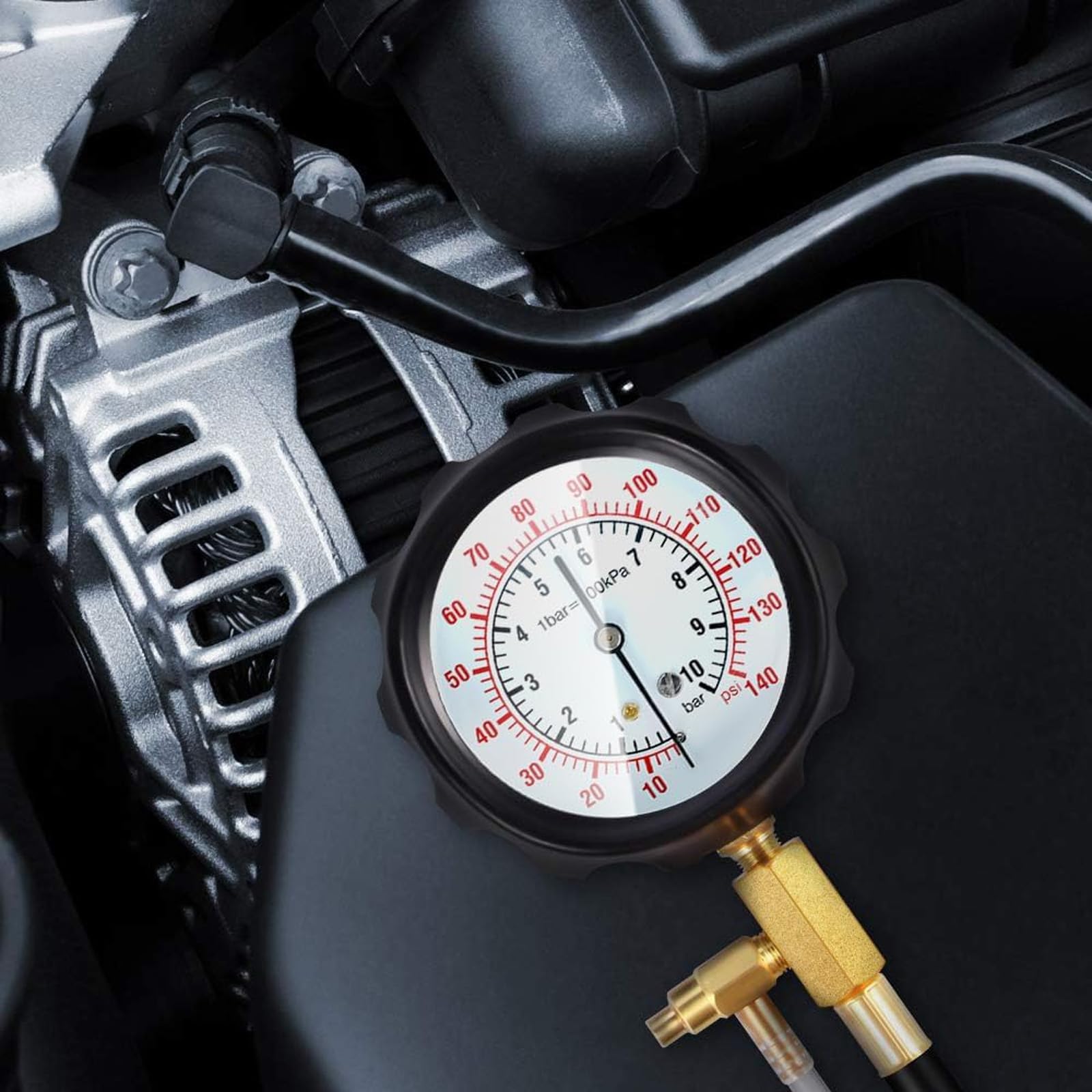 0-140PSI Benzindruck-Kraftstoffdruck-Messgerät Kit, Kraftstoffdruckprüfer öldruckmessgerät Benzinpumpen Tester, Einspritzpumpe Druckprüfer mit Adapter Manometer Diagnosewerkzeug für Auto LKW Motorrad