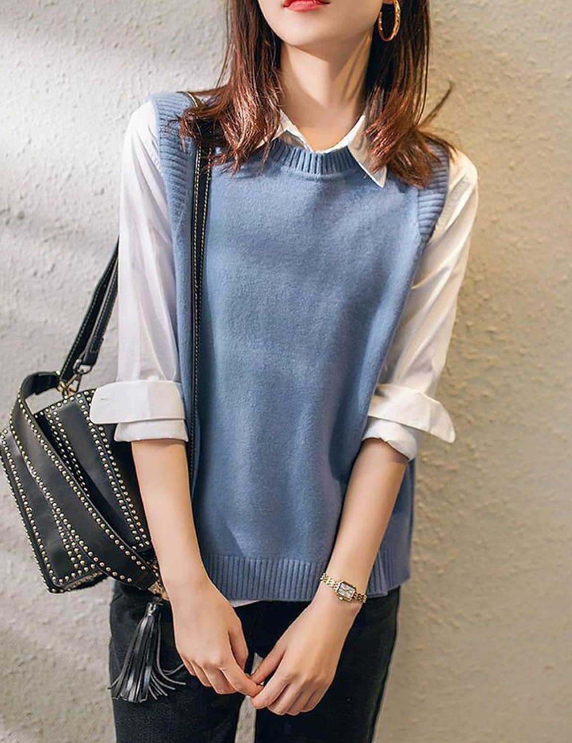 HangNiFang Women's Round Neck Sleeveless Pullover Ribbed Knit Sweater Vest Top - Image 2