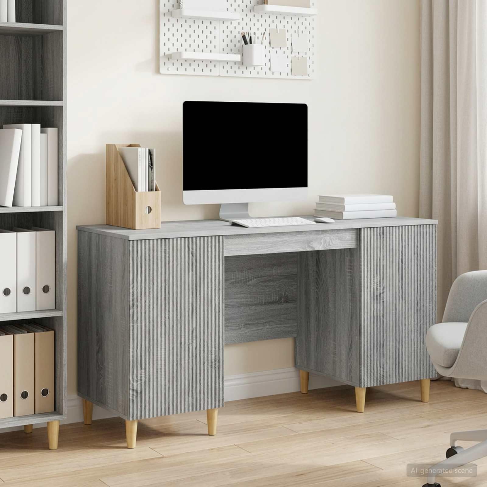 Scrivania grigio sonoma in legno ingegnerizzato 142,5 x 50 x 75 cm con ripiani e porte per studio ufficio casa smartworking postazione lavoro computer gaming