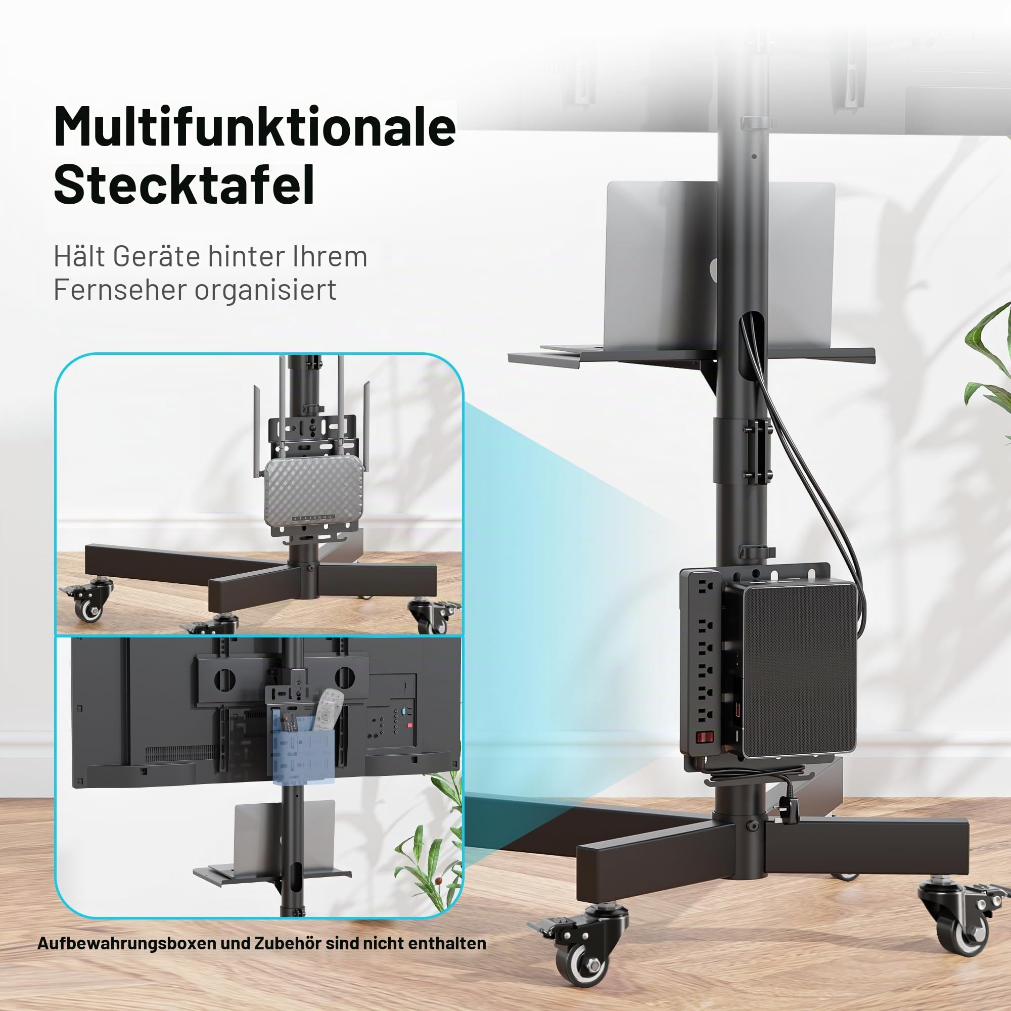 BONTEC TV Ständer Rollbar für 23-60 Zoll LED LCD OLED, Max. VESA 400x400mm, bis 40 kg, Höhenverstellbarer Fernsehständer mit Rollen und Lochplatte, Medienablage, Kabelmanagement, Schwarz