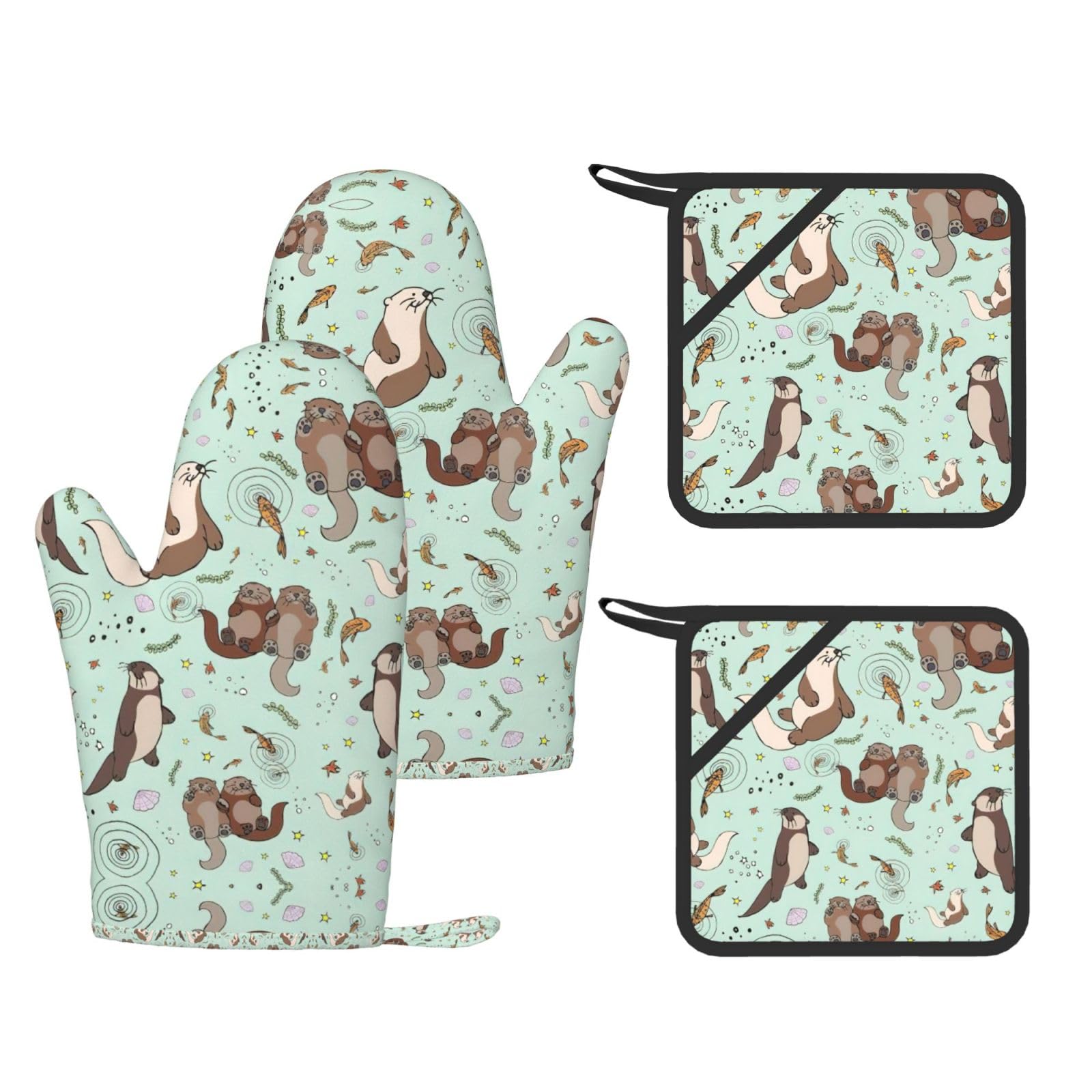 Otters Trendy Printed Kitchen Set with Heat Resistant Gloves & Non-Slip Hot Pads for Baking & Grilling