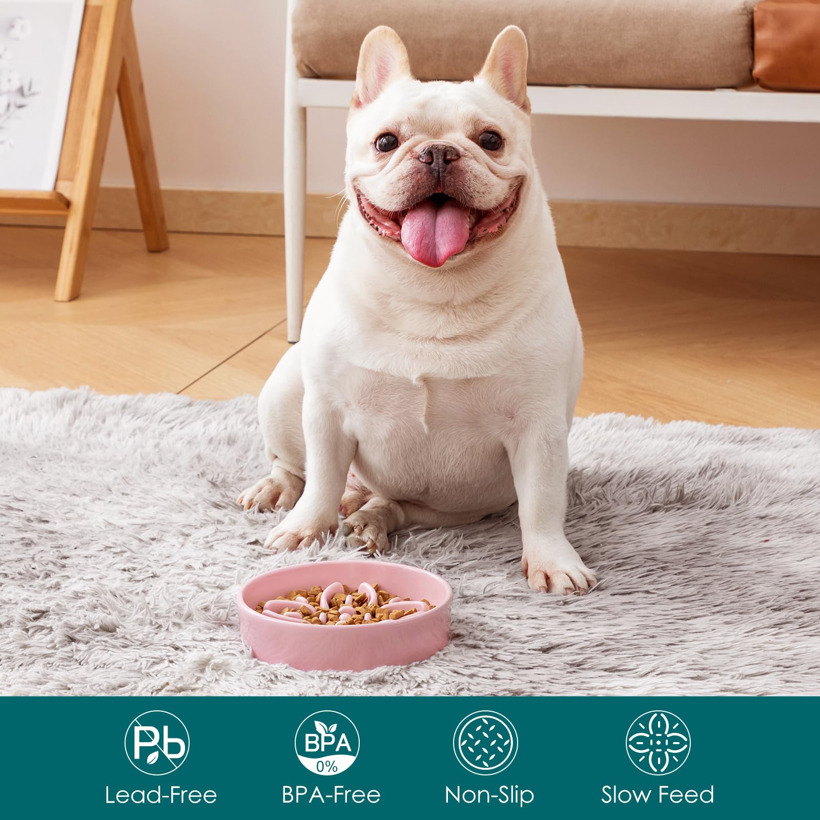 vancasso Ceramic Slow Feeder Dog Bowls, Puzzle Dog Food Bowls with Floral Maze, Anti -Slip Pet Food Dish for Small Breed, 0.6 Cups, Pink - image 3