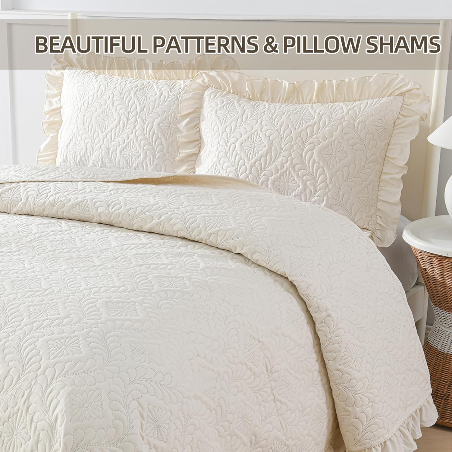 DJY California King Quilt Bedding Set, Beige Lightweight Soft Bedspread Coverlet, Basket Weave Quilted Blanket Thin Quilt Bed Cover for All Season - 3 Piece (1 Quilt, 2 Pillow Shams) - Image 3