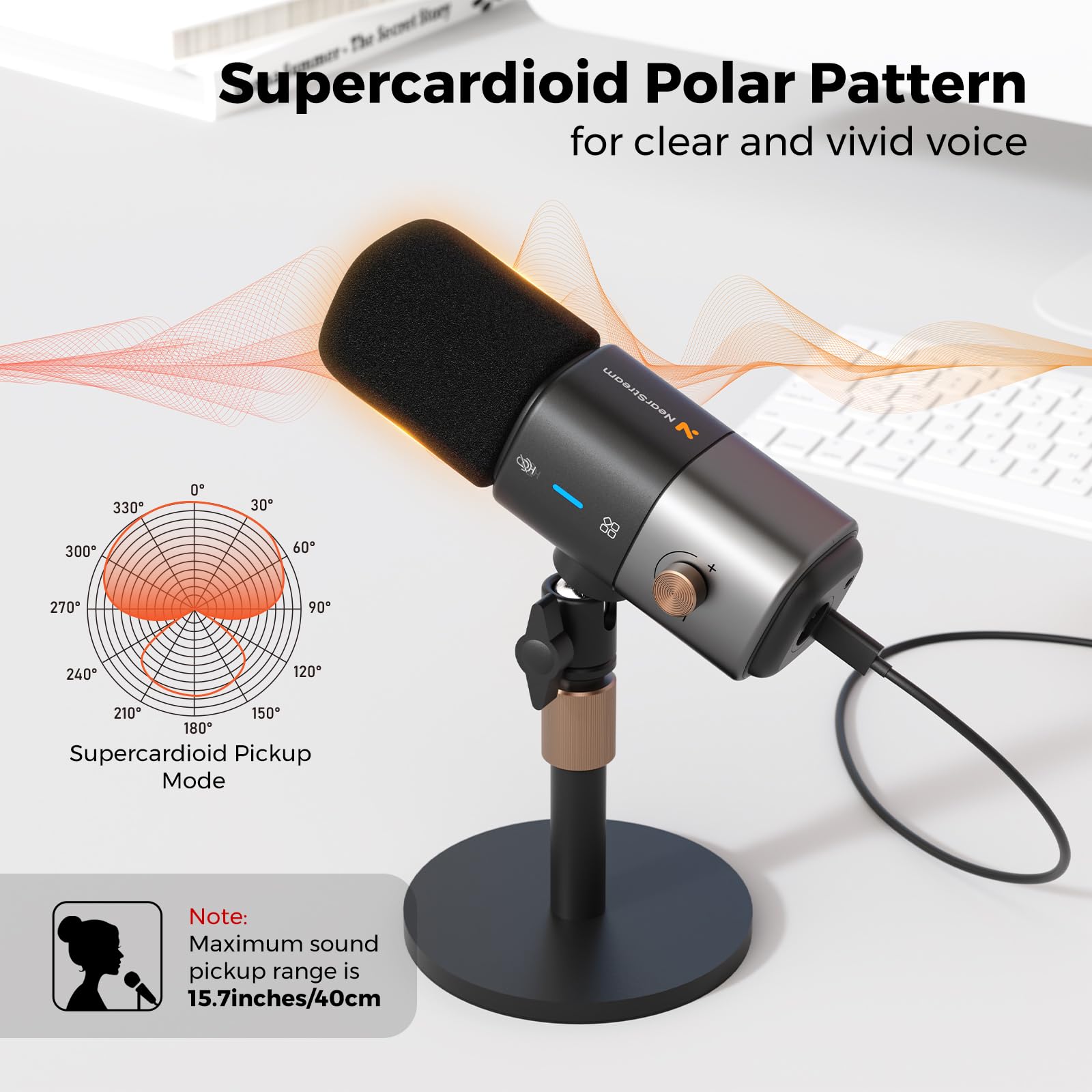 NearStream Micrófono condensador XLR/USB con cancelación de ruido/control de volumen/conector de auriculares/silencio, micrófono de podcast para PC/mezclador de audio, micrófono de escritorio para