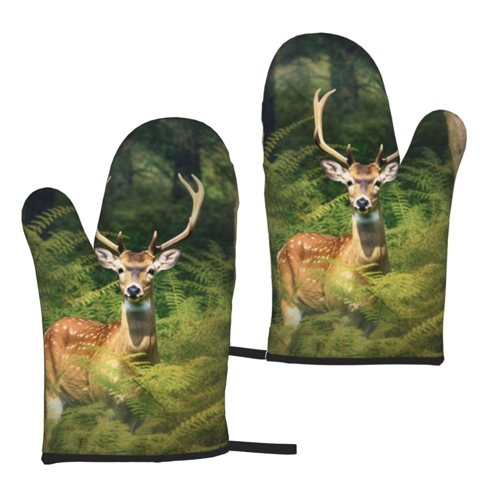 Deer in the Woods Printed Oven Mitts Sets 2 PCS Heat Resistant and Non-Slip Glove Potholder for Kitchen Cooking Baking Grilling