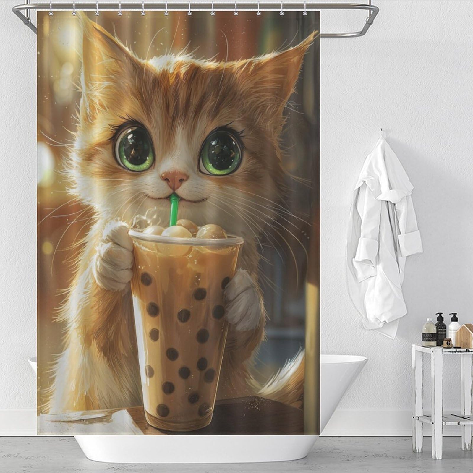 Rideau de douche chat boba en polyester pour la salle de bain des enfants