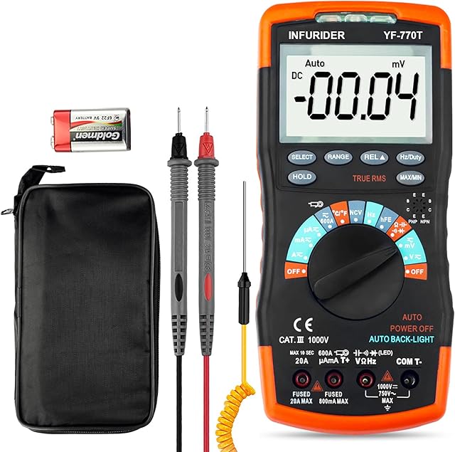 INFURIDER Digital Multimeter YF-770T 6000 Counts TRMS DMM CATIII 1000V,Auto Ranging,Data Hold,NCV,AC/DC Amp Ohm Volt Meter hFE Diode LED Capacitor Tester with Thermometer and Backlit