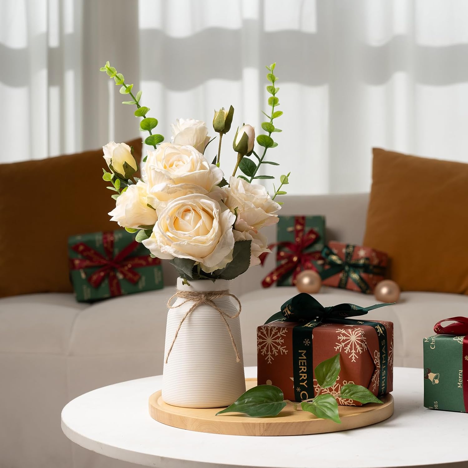 Artificial Like-Life Vintage Roses with Eucalyptus Stems in White Ribbed Texture Ceramic Vase,Realistic Greenery 15" Faux Flower Arrangements Home Decor Weddings Centerpieces