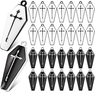 30 Pieces Charms for Jewelry Making Coffin Cross Charms DIY Gothic Earring Charms Jewelry Charms Halloween Earring Charms with Holes for Jewelry Making Party Decor (White, Black)