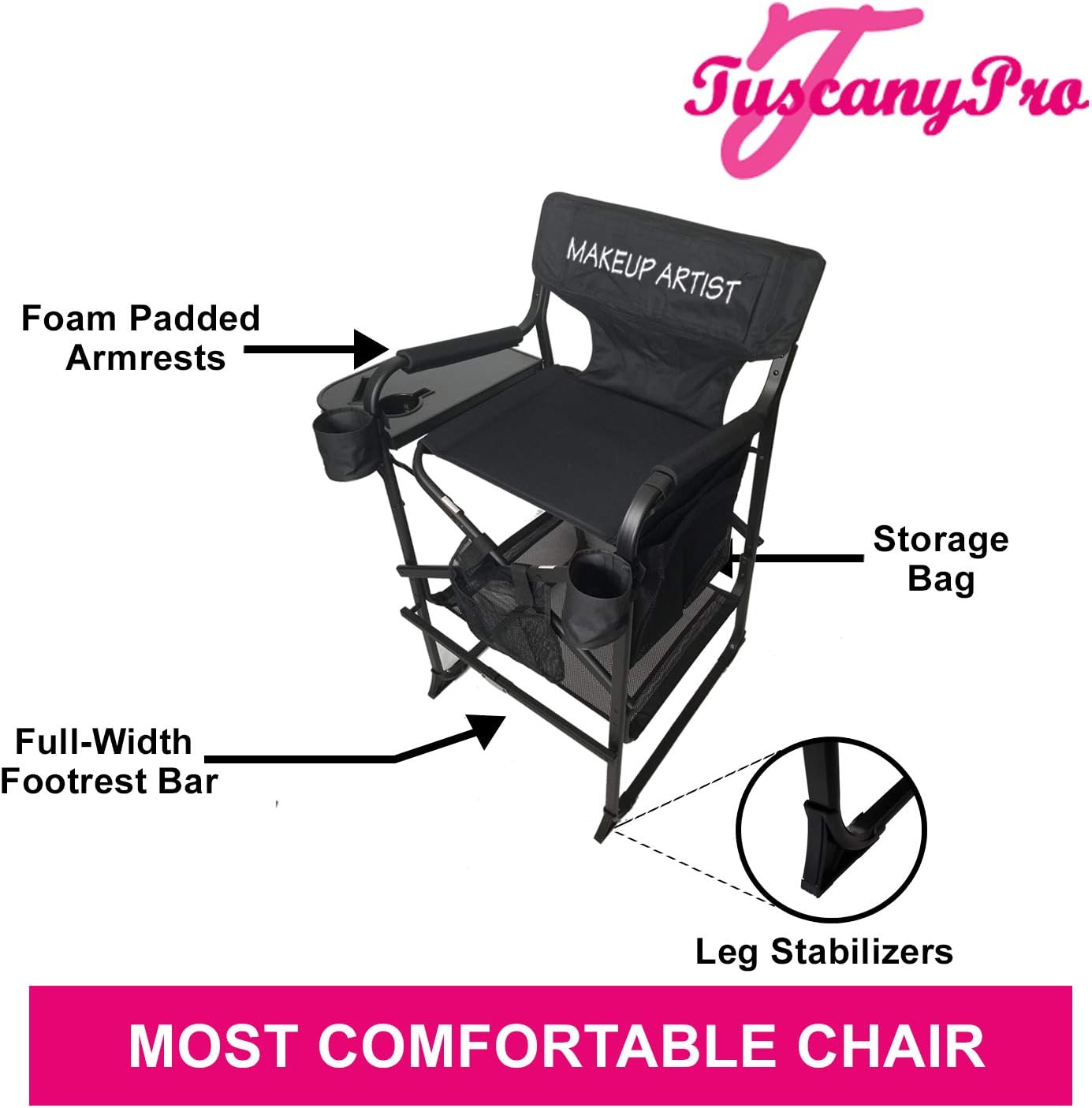Portable Heavy-Duty Makeup Artist Chair with Mini LED Ring Light - Perfect for Makeup, Salon, Events with 29 Inch Seat Height