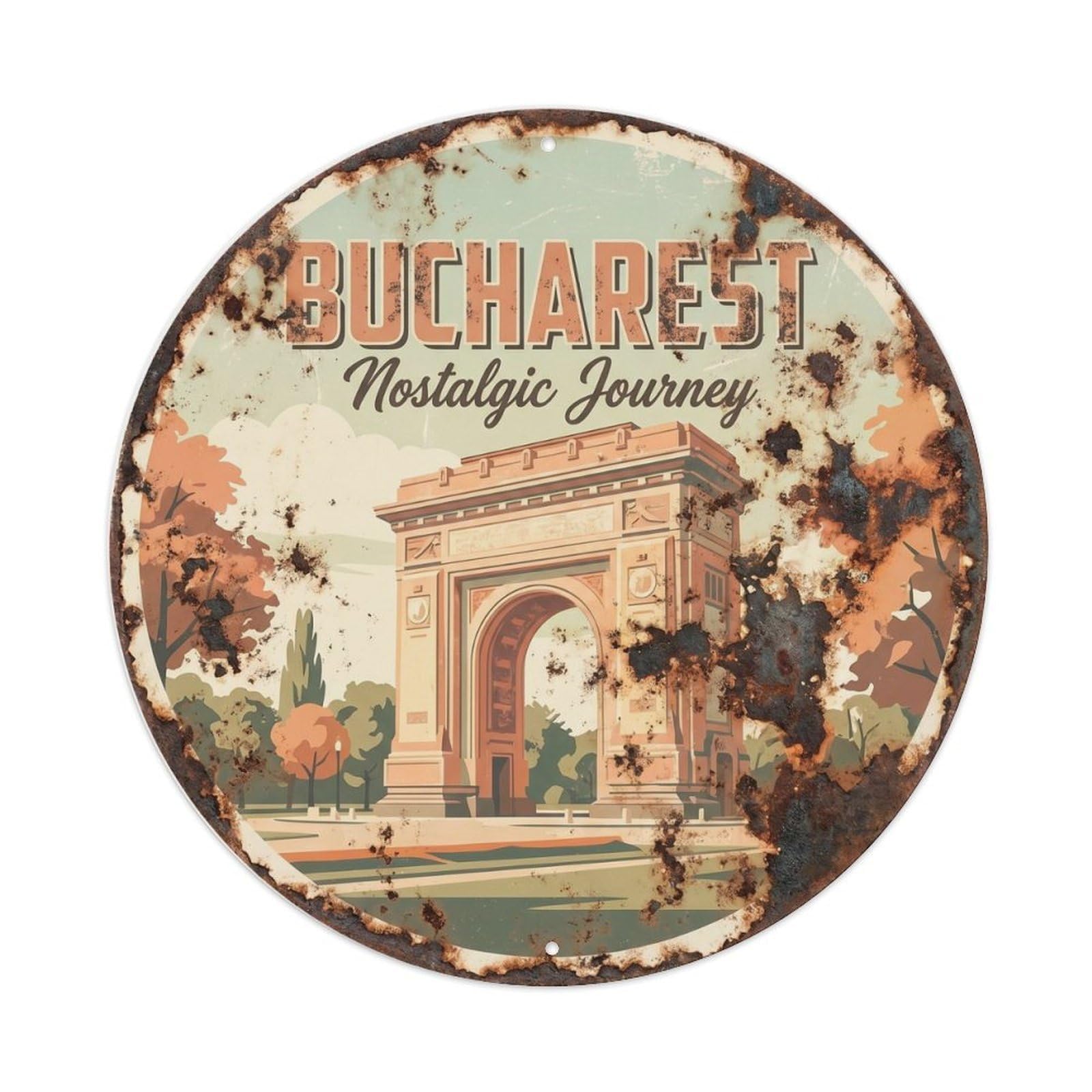 Fqcyn Style Vintage Travel Bucharest Triumph Nostalgic Metal Tin Sign