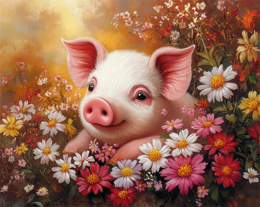 Henypt DIY Cross Stitch Kits for Beginners,Cute Pig and Flowers 11Ct Counted Needlework Kits for Adults,Stamped Cross Stitch Kit with Printed,Hand Embroidery Kits for Home Wall Decor